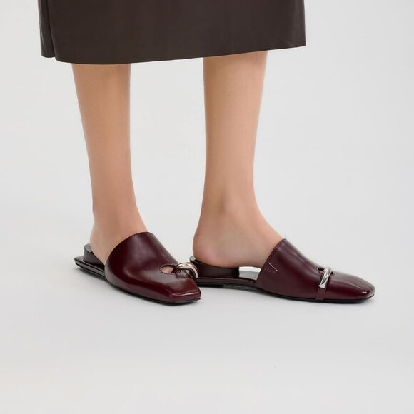 Beige Square Toe Mule Sandals Women Slip On Low Kitten Heels Faux Leather Heels - Picture 6 of 7